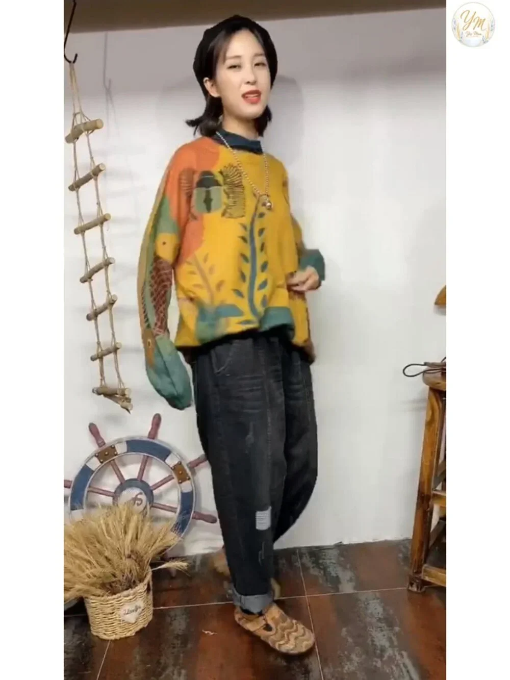 Oversized Graphic Print Cat Pullover Sweater | Cotton Wool Knit | Loose Fit